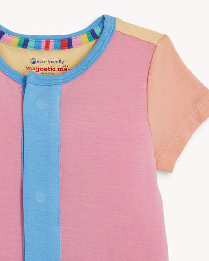 Pink, blue and orange color block magnetic romper
