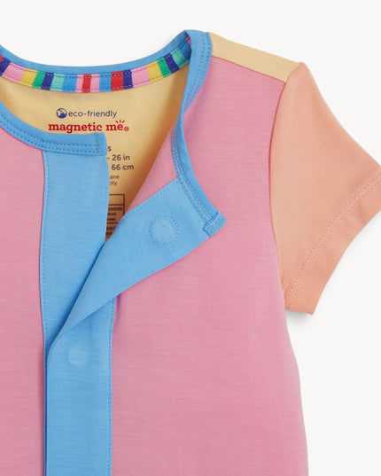 Pink, blue and orange color block magnetic romper
