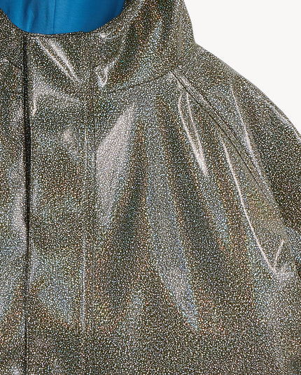 Closeup of dino sparkle magnetic raincoat