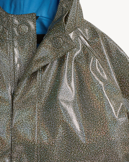 Closeup of dino sparkle magnetic raincoat