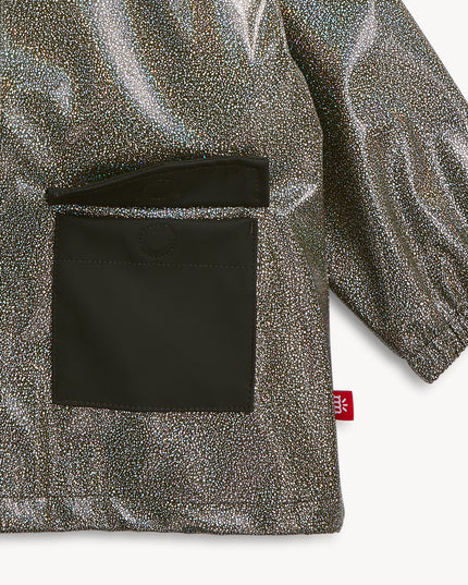 Closeup of dino sparkle magnetic raincoat pockets
