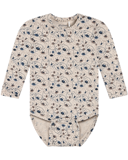 A long-sleeve beige baby bodysuit with an all-over cartoon dog print. The print features navy blue, brown, and black details.