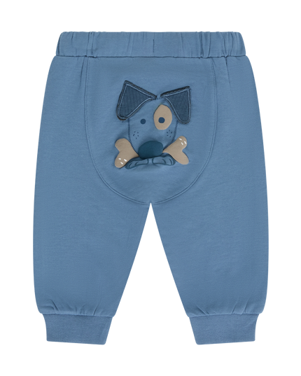 Blue baby jogger pants with an applique dog design on the back