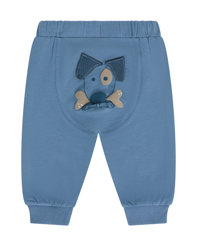 Blue baby jogger pants with an applique dog design on the back