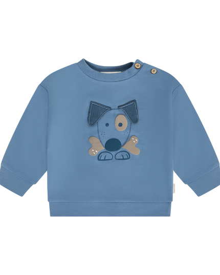 A blue baby sweatshirt featuring a cartoon dog applique on the chest and two buttons on the shoulder