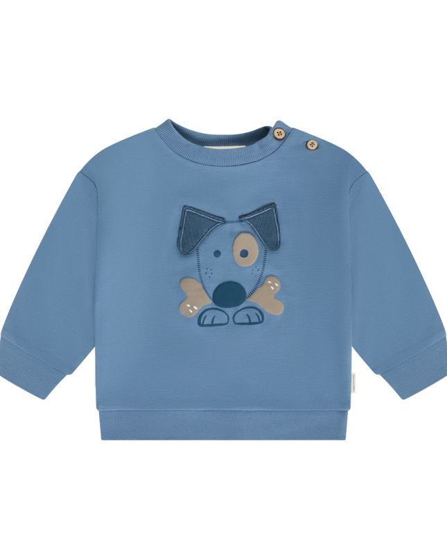 A blue baby sweatshirt featuring a cartoon dog applique on the chest and two buttons on the shoulder