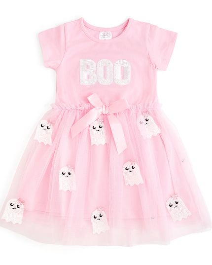 Pink tutu dress with sequin 'Boo' and ghost details