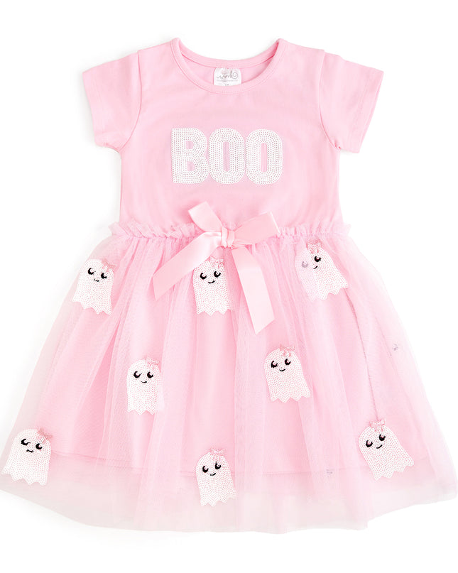 Pink tutu dress with sequin 'Boo' and ghost details