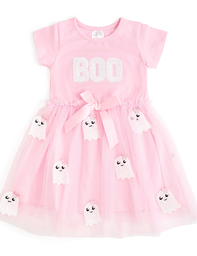 Pink tutu dress with sequin 'Boo' and ghost details