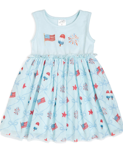 blue children's dress with patriotic pattern