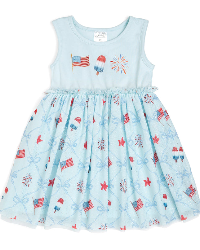 blue children's dress with patriotic pattern