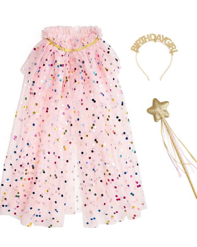 Pink polka dot cape with gold birthday girl headband and wand