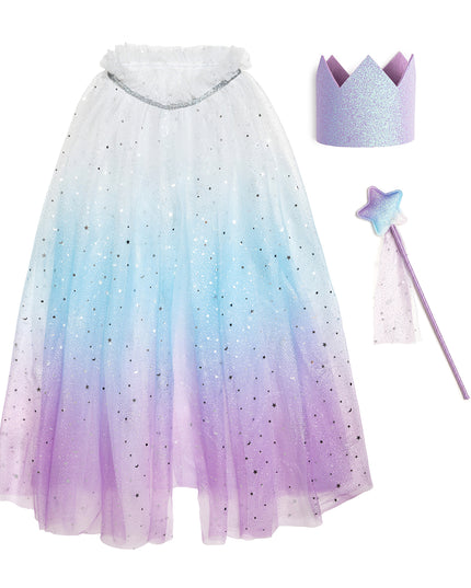A children's tulle dress up cape, crown and wand in beautiful purple, blue and white hues