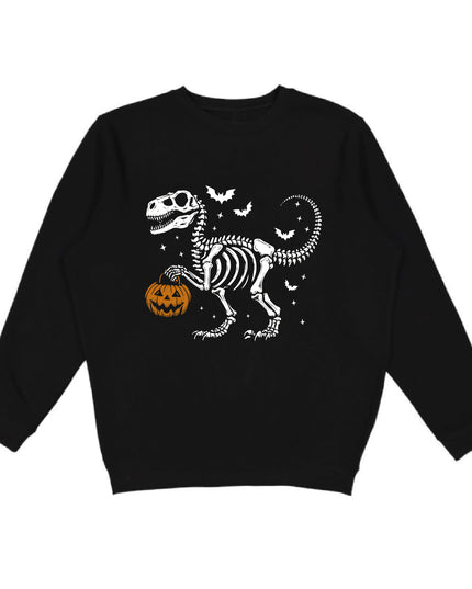 A black crewneck sweatshirt featuring a graphic of a white dinosaur skeleton holding an orange jack-o'-lantern pumpkin, surrounded by small white bats and stars.