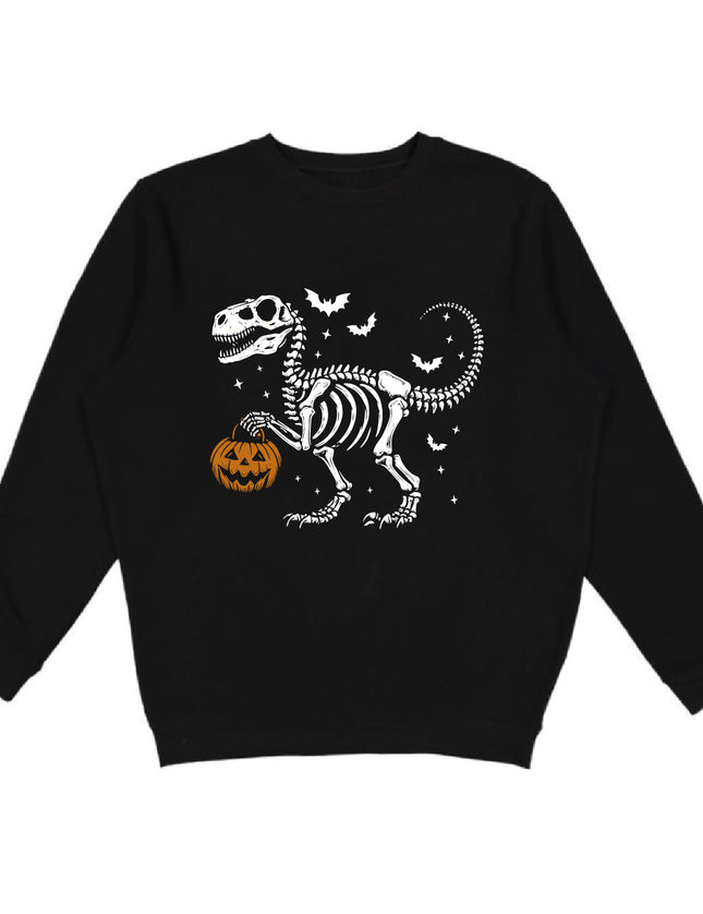 A black crewneck sweatshirt featuring a graphic of a white dinosaur skeleton holding an orange jack-o'-lantern pumpkin, surrounded by small white bats and stars.