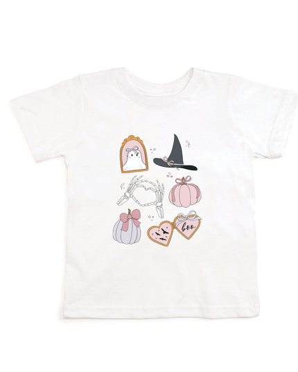 A white short-sleeve t-shirt with cute  Halloween-themed graphics.