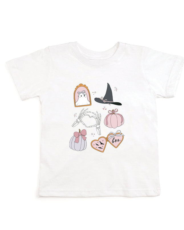 A white short-sleeve t-shirt with cute  Halloween-themed graphics.