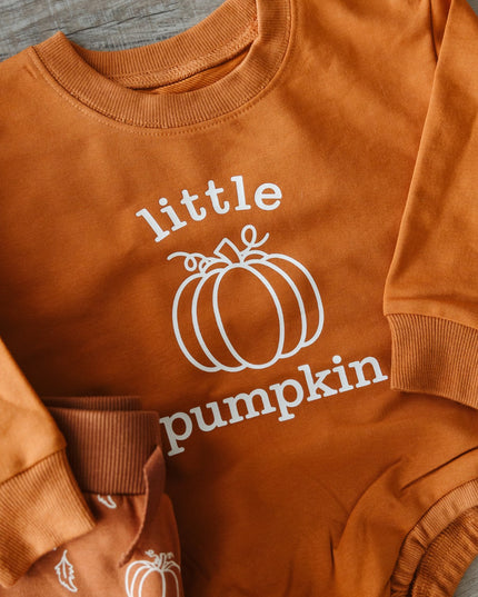 Orange baby romper with 'little pumpkin'  graphic
