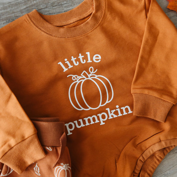 Orange baby romper with 'little pumpkin'  graphic