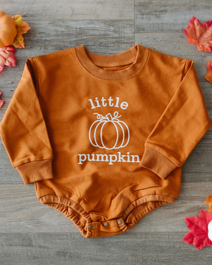 Orange baby romper with 'little pumpkin'  graphic