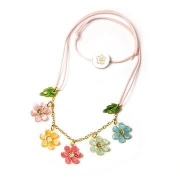Necklace with pink, yellow, red, green and blue flower charms
