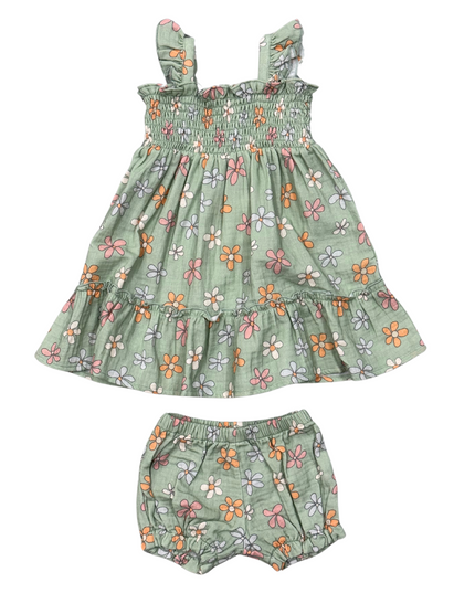 Green floral dress and bloomers set