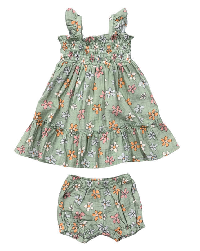 Green floral dress and bloomers set