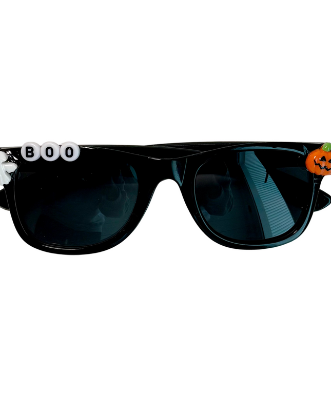 Black Sunglasses that say Boo and have a ghost and pumpkin charm