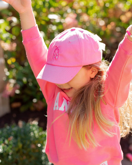 Girl Wearing Pink Ballet Slippers Bow Baseball Hat and Dance Sweatshirt