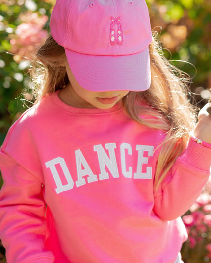 Girl Wearing Pink Ballet Slippers Bow Baseball Hat and Dance Sweatshirt