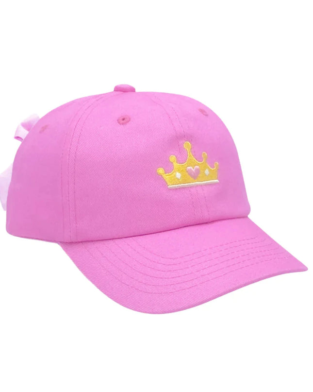 Pink baseball cap with a gold crown 