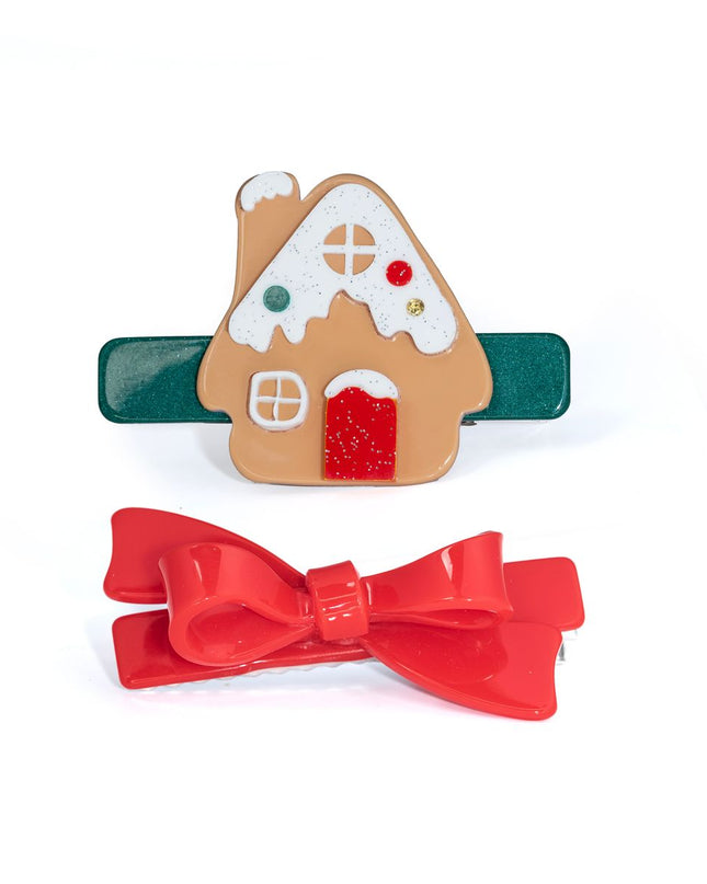 Gingerbread House and Red Bow Hair Clips (Set or 2)