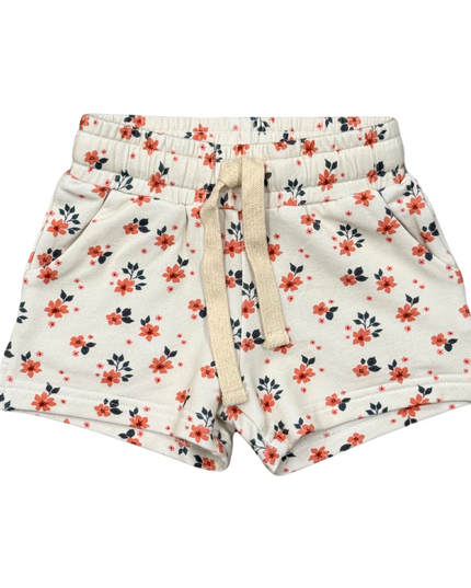 white shorts with red and blue floral print 