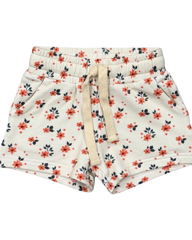 white shorts with red and blue floral print 