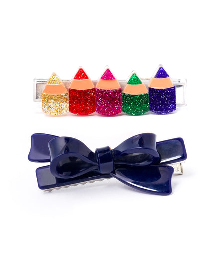Glitter Color Pencils and Blue Bow Hair Clips