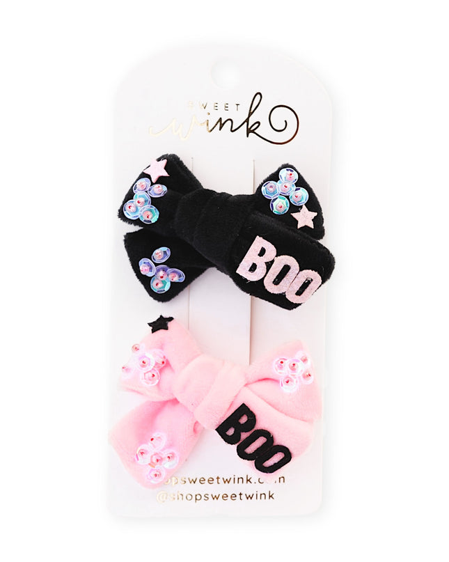 Pink and Black Velvet Clips with Sequins that say Boo