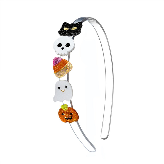Acrylic headband with glittery cat, skull, candy corn, ghost and pumpkin