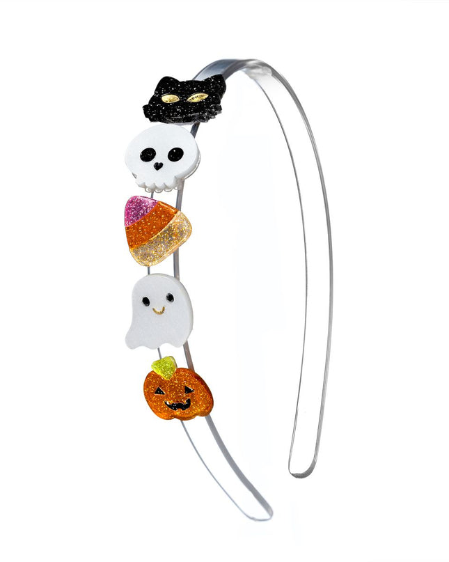Acrylic headband with glittery cat, skull, candy corn, ghost and pumpkin