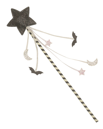 A Halloween-themed wand with a black glittery star top, a black-and-white striped wand handle, and dangling ribbons featuring small bat, star and moon shapes. 
