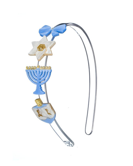 Hanukkah headband featuring a blue bow, Star of David, menorah and dreidel 