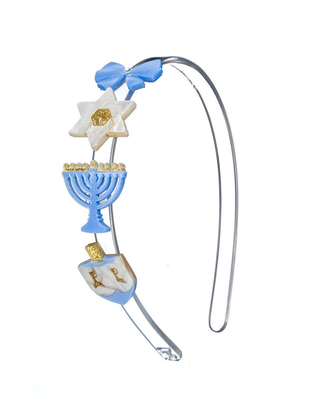 Hanukkah headband featuring a blue bow, Star of David, menorah and dreidel 