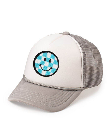 Sweet Wink Smiley Checker Patch Trucker Hat - Gray/White - Giggles & Glitter