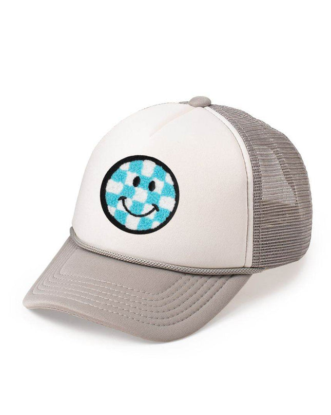 Sweet Wink Smiley Checker Patch Trucker Hat - Gray/White - Giggles & Glitter