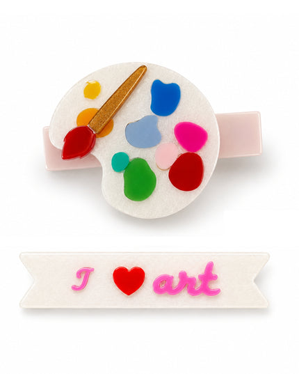 Hair clips with a colorful paint palette and 'I love art' 
