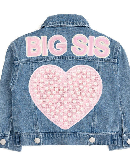 Denim Jacket with Big Sis and Pearl Heart Patches