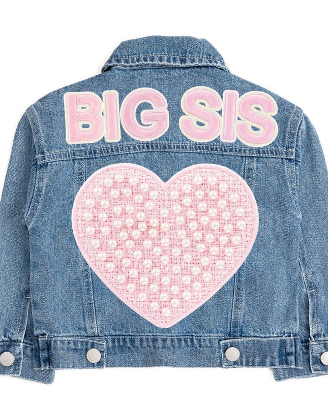 Denim Jacket with Big Sis and Pearl Heart Patches