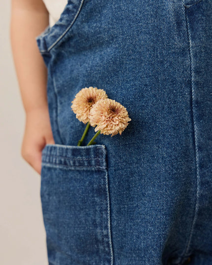 Closeup of denim overall pocket 