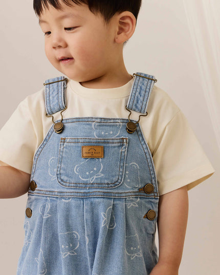 Child wearing blue denim overalls with bear pattern