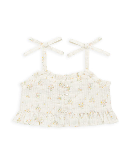 Cream and floral tank top with ruffle waist and tie sleeves
