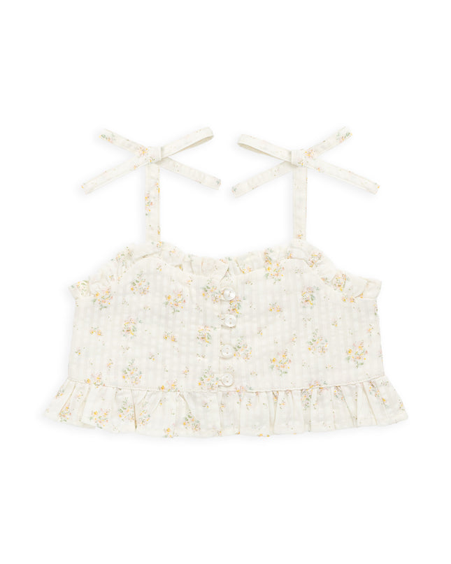 Cream and floral tank top with ruffle waist and tie sleeves
